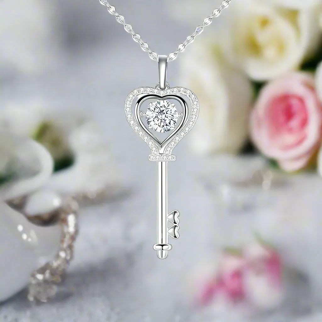 1.0Ct D Color Diamond Heart Key Pendant Necklace