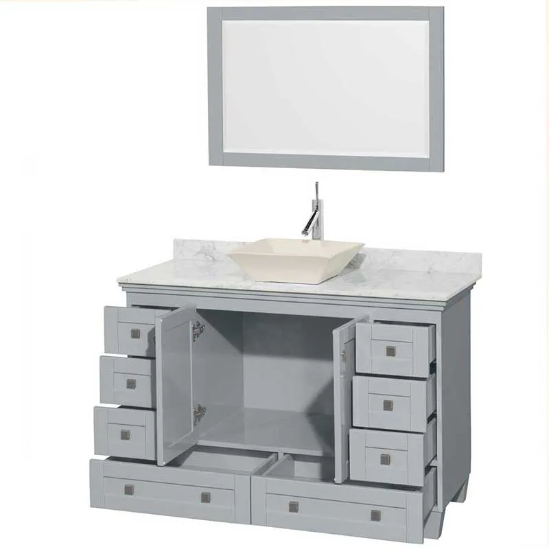 Acclaim 48" Single Bathroom Vanity in Oyster Gray, White Carrera Marble Countertop, Pyra Bone Porcelain Sink and 24" Mirror