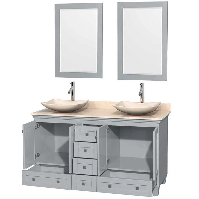 Acclaim 60" Double Bathroom Vanity in Oyster Gray, Ivory Marble Countertop, Arista Ivory Marble Sinks and 24" Mirrors