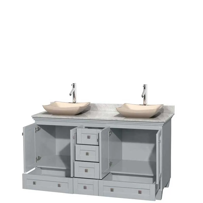 Acclaim 60" Double Bathroom Vanity in Oyster Gray, White Carrera Marble Countertop, Avalon Ivory Marble Sinks and No Mirrors