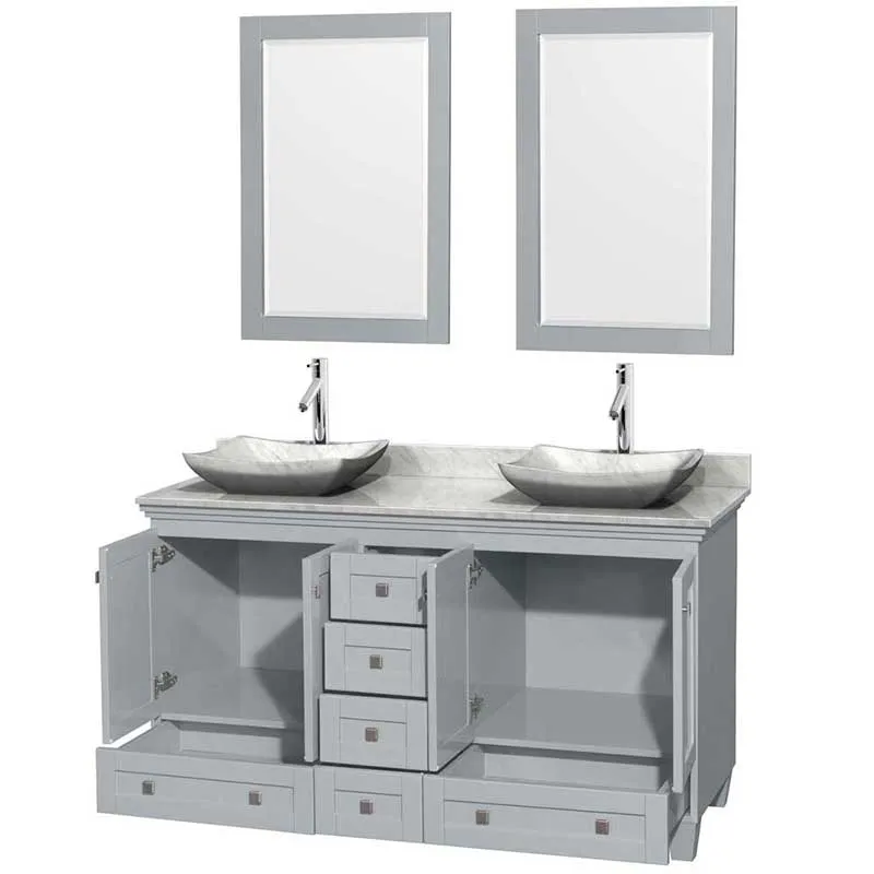 Acclaim 60" Double Bathroom Vanity in Oyster Gray, White Carrera Marble Countertop, Avalon White Carrera Marble Sinks and 24" Mirrors