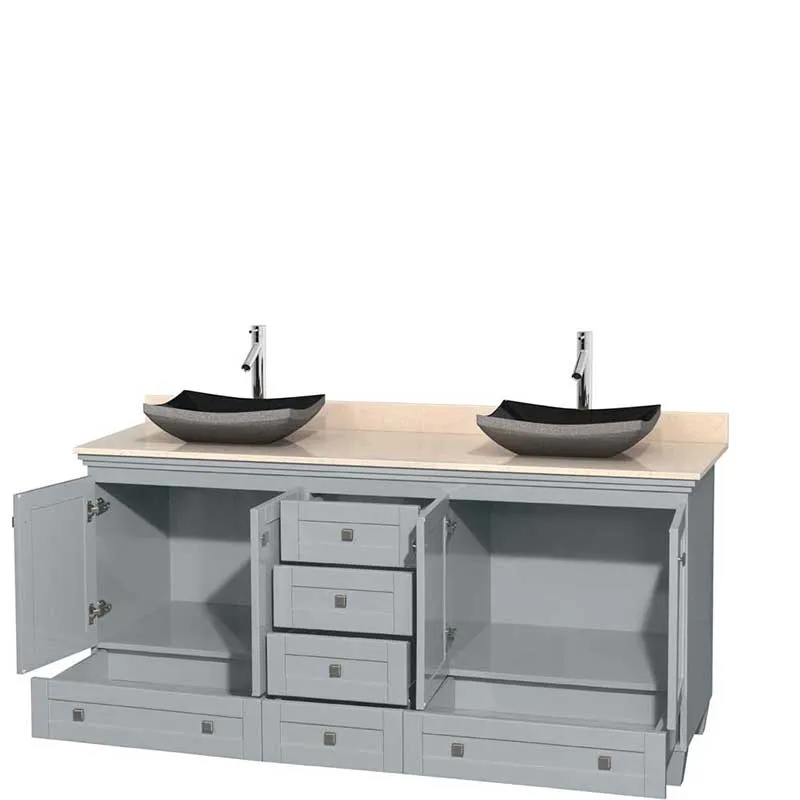 Acclaim 72" Double Bathroom Vanity in Oyster Gray, Ivory Marble Countertop, Altair Black Granite Sinks and No Mirrors