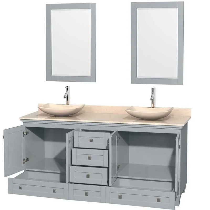 Acclaim 72" Double Bathroom Vanity in Oyster Gray, Ivory Marble Countertop, Arista Ivory Marble Sinks and 24" Mirrors