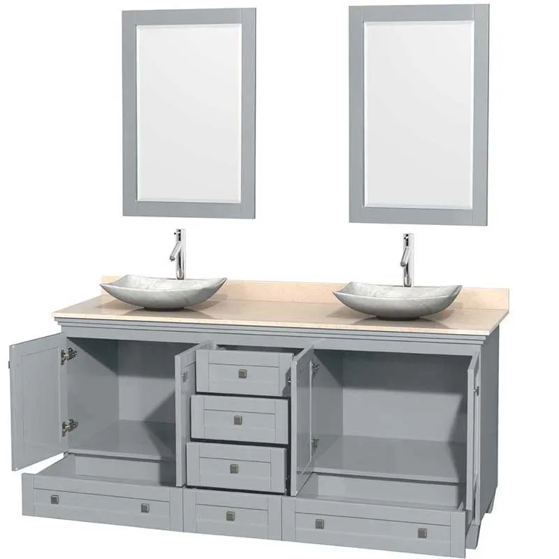 Acclaim 72" Double Bathroom Vanity in Oyster Gray, Ivory Marble Countertop, Arista White Carrera Marble Sinks and 24" Mirrors