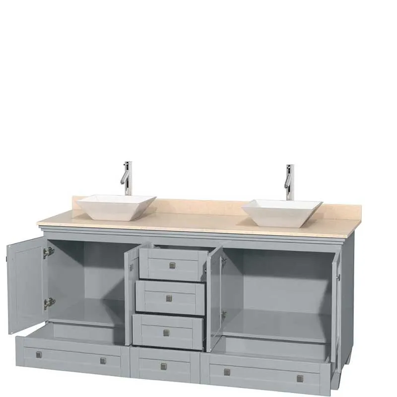 Acclaim 72" Double Bathroom Vanity in Oyster Gray, Ivory Marble Countertop, Pyra White Porcelain Sinks and No Mirrors
