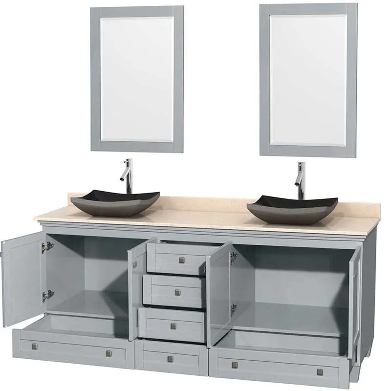 Acclaim 80" Double Bathroom Vanity in Oyster Gray, Ivory Marble Countertop, Altair Black Granite Sinks and 24" Mirrors