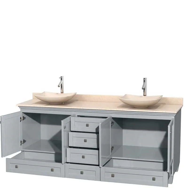 Acclaim 80" Double Bathroom Vanity in Oyster Gray, Ivory Marble Countertop, Arista Ivory Marble Sinks and No Mirrors