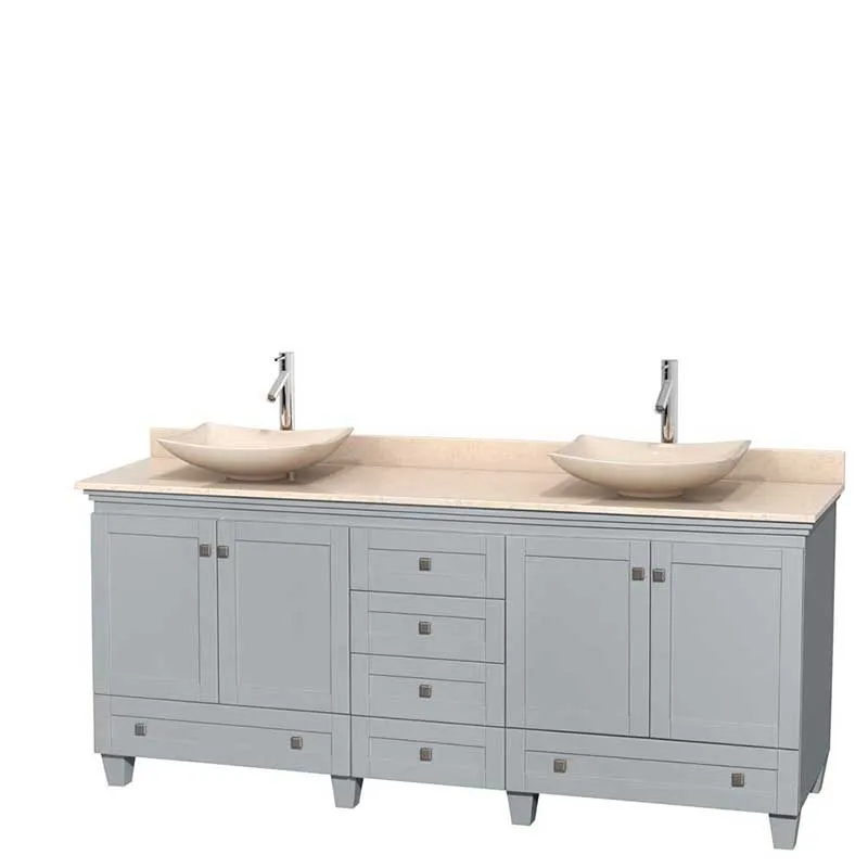 Acclaim 80" Double Bathroom Vanity in Oyster Gray, Ivory Marble Countertop, Arista Ivory Marble Sinks and No Mirrors