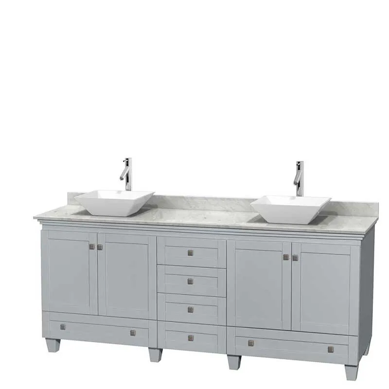 Acclaim 80" Double Bathroom Vanity in Oyster Gray, White Carrera Marble Countertop, Pyra White Porcelain Sinks and No Mirrors