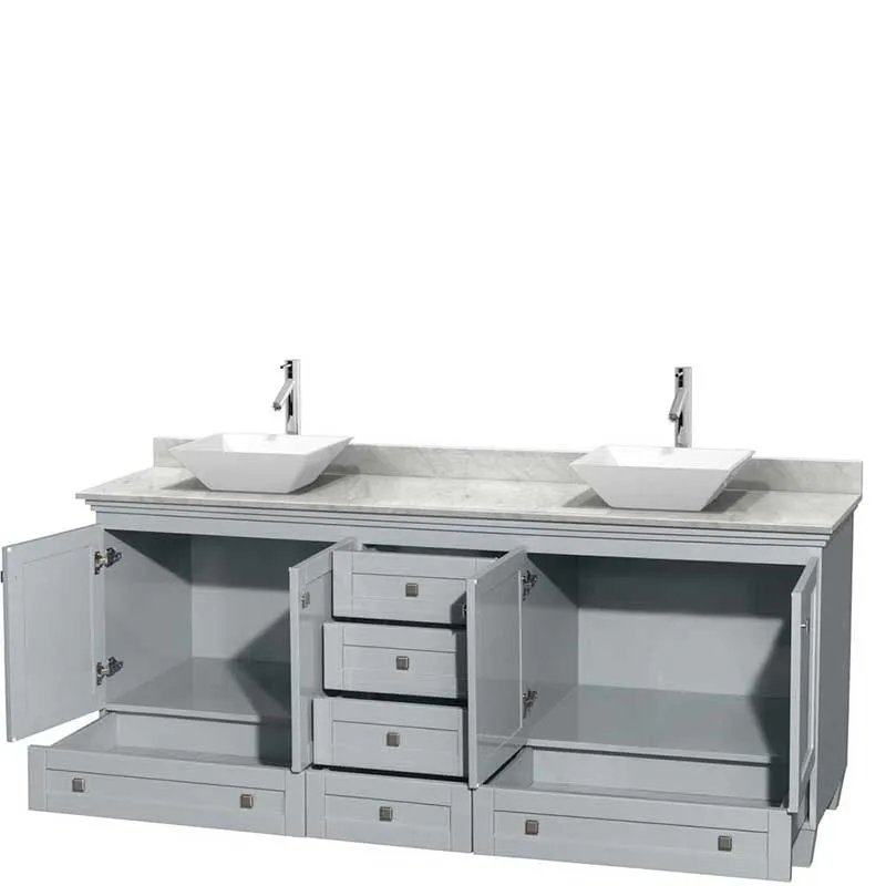 Acclaim 80" Double Bathroom Vanity in Oyster Gray, White Carrera Marble Countertop, Pyra White Porcelain Sinks and No Mirrors