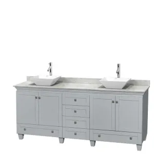 Acclaim 80" Double Bathroom Vanity in Oyster Gray, White Carrera Marble Countertop, Pyra White Porcelain Sinks and No Mirrors