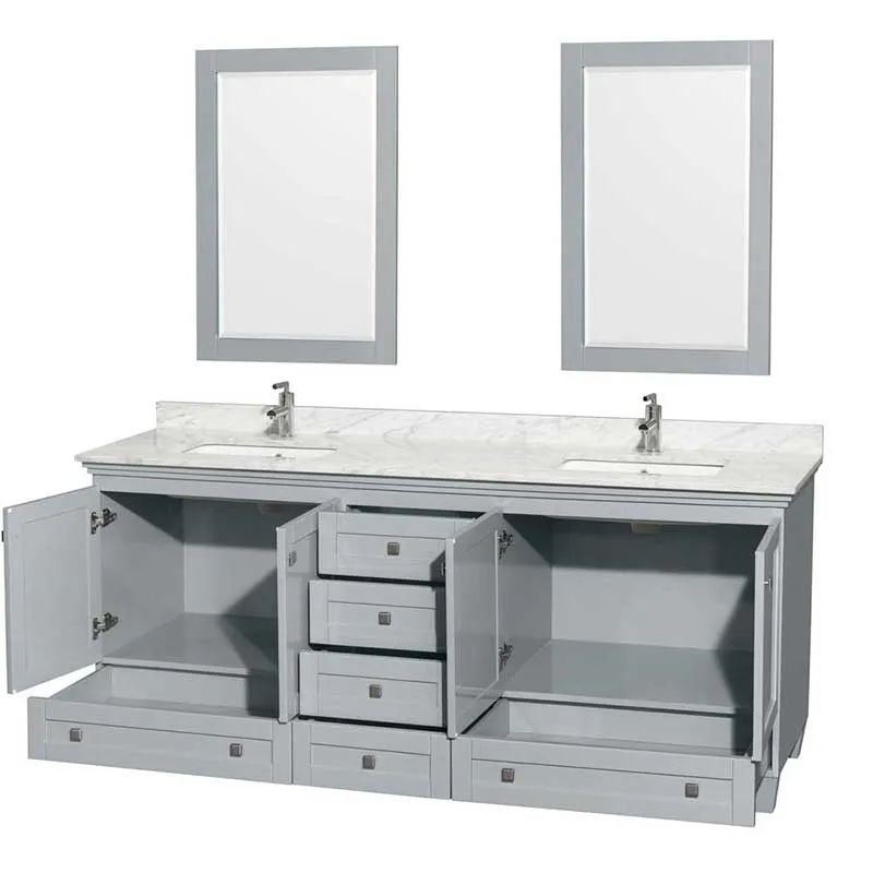 Acclaim 80" Double Bathroom Vanity in Oyster Gray, White Carrera Marble Countertop, Undermount Square Sinks and 24" Mirrors