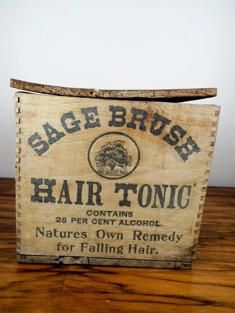 Antique c 1907 Sage Brush Hair Tonic Wood Box & 12 Amethyst Bottles