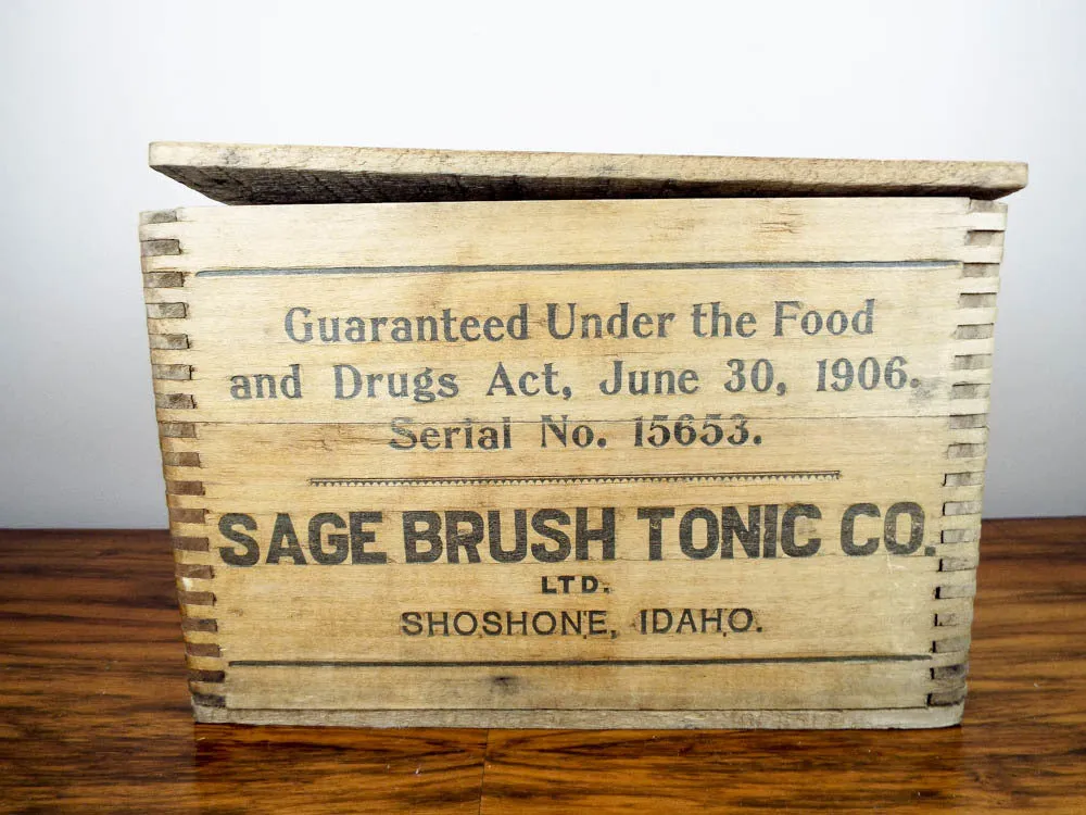 Antique c 1907 Sage Brush Hair Tonic Wood Box & 12 Amethyst Bottles