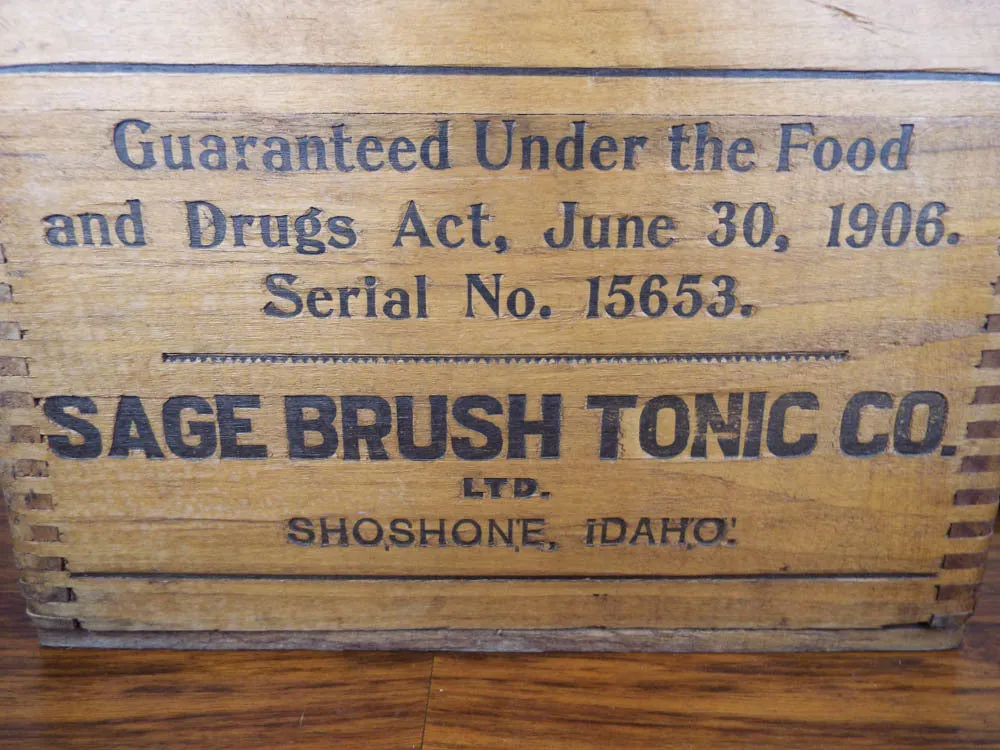 Antique c 1907 Sage Brush Hair Tonic Wood Box & 12 Amethyst Bottles