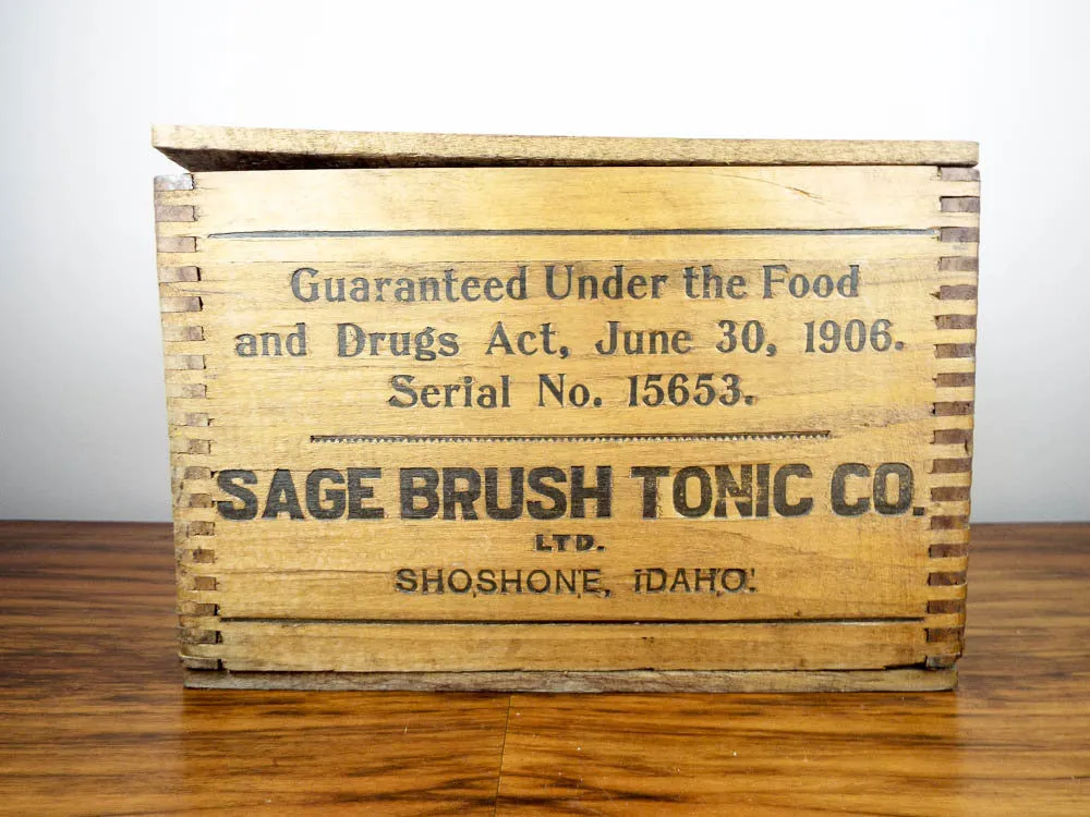 Antique c 1907 Sage Brush Hair Tonic Wood Box & 12 Amethyst Bottles