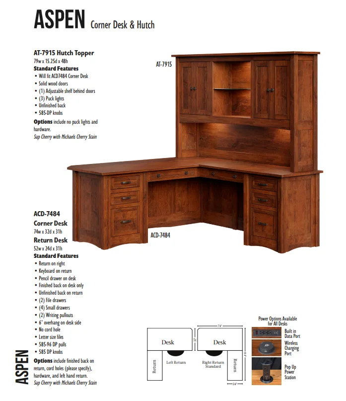 Aspen - Amish Hardwood Corner L-Desk w/ Optional Hutch Topper