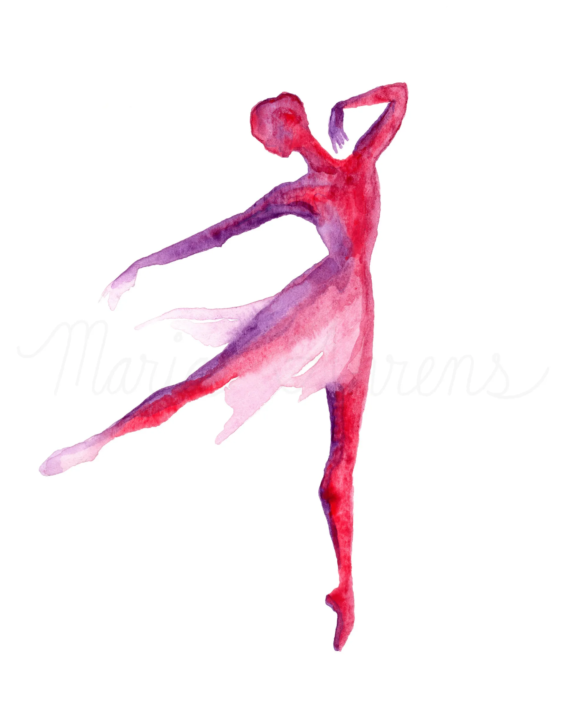 Ballerina Watercolor Art Print in Red and Purple