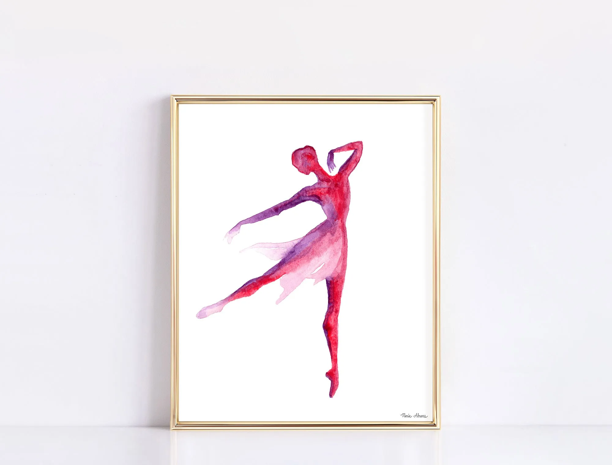 Ballerina Watercolor Art Print in Red and Purple