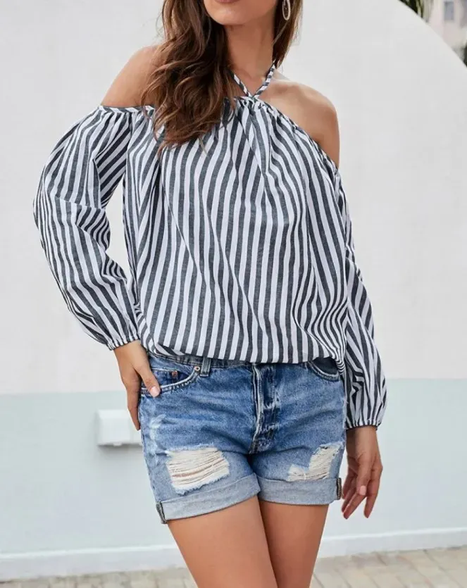 Barely Basic Striped Halter Off-Shoulder Balloon Sleeve Top