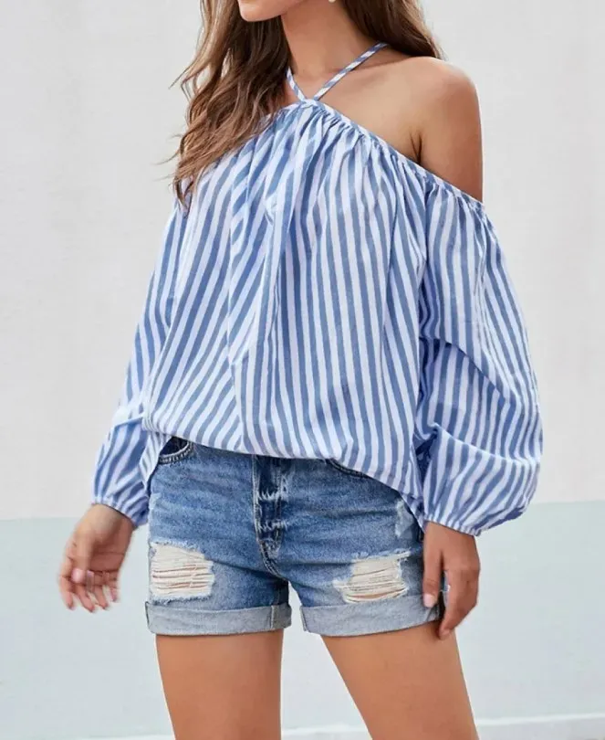 Barely Basic Striped Halter Off-Shoulder Balloon Sleeve Top