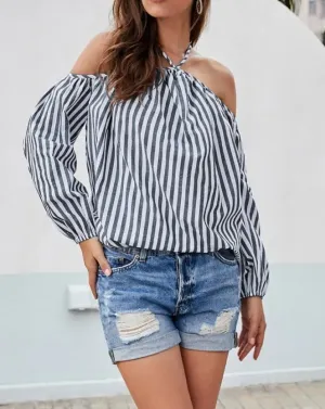 Barely Basic Striped Halter Off-Shoulder Balloon Sleeve Top