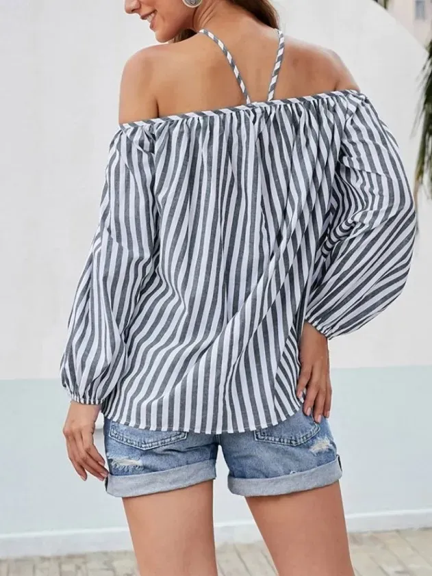 Barely Basic Striped Halter Off-Shoulder Balloon Sleeve Top