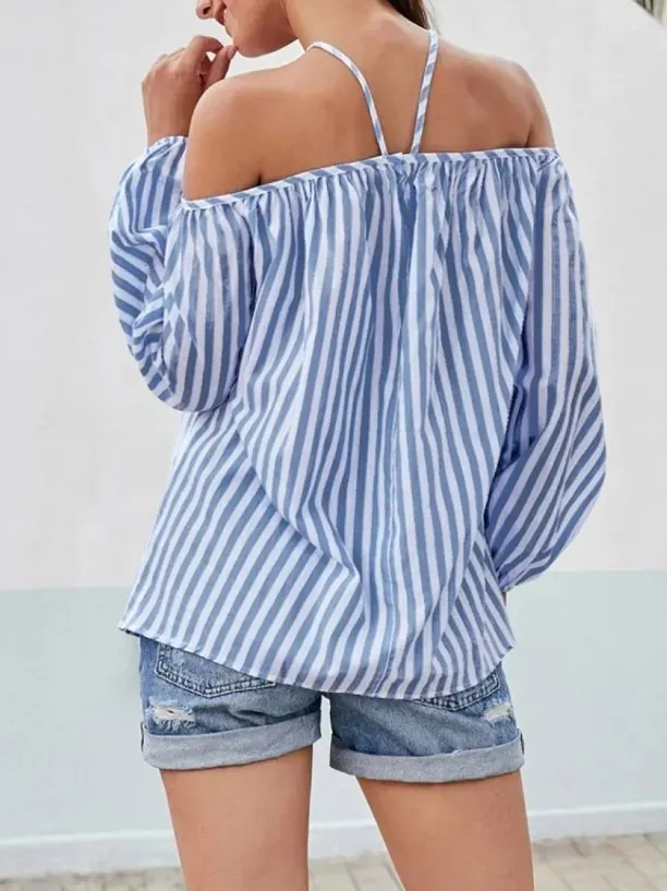 Barely Basic Striped Halter Off-Shoulder Balloon Sleeve Top