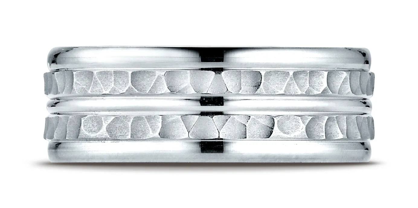 Benchmark 10k White Gold 8mm Comfort-Fit Hammer-Finish and Round Edge Carved Design Band, (Sizes 4-14)