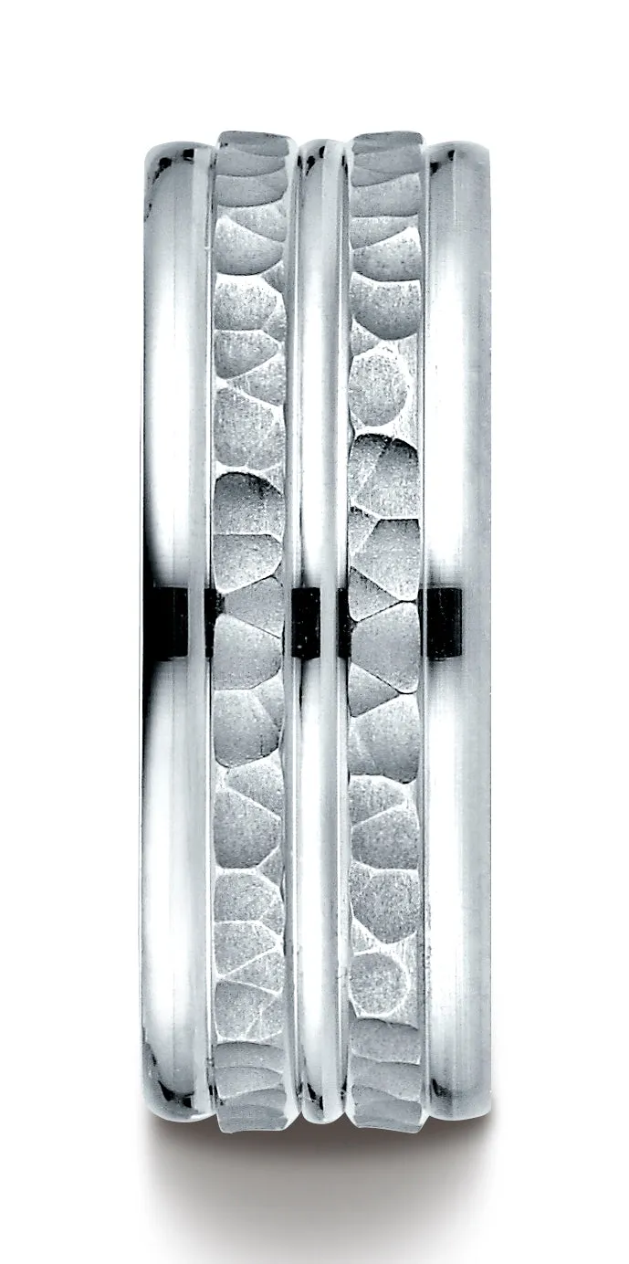 Benchmark 10k White Gold 8mm Comfort-Fit Hammer-Finish and Round Edge Carved Design Band, (Sizes 4-14)