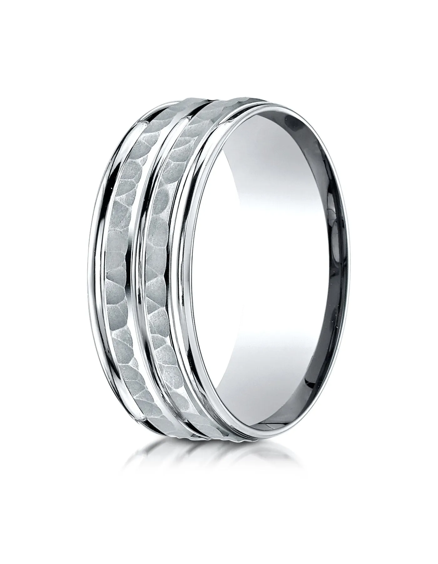 Benchmark 10k White Gold 8mm Comfort-Fit Hammer-Finish and Round Edge Carved Design Band, (Sizes 4-14)