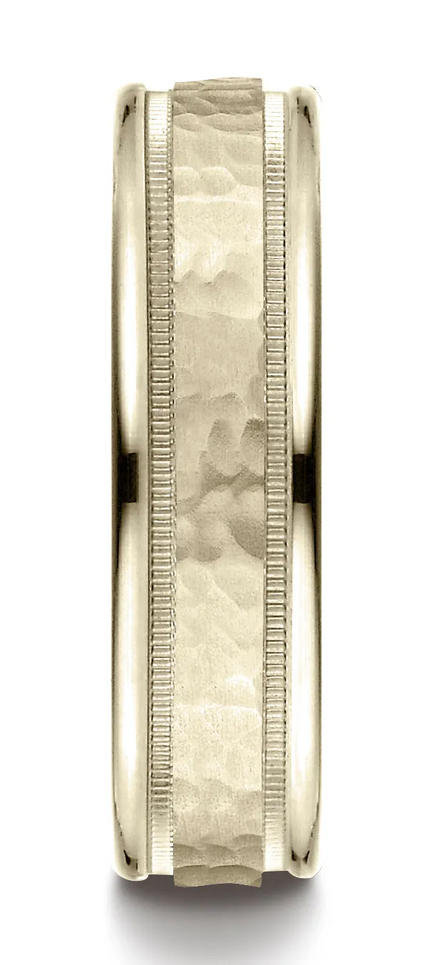 Benchmark 10k Yellow Gold 6mm Comfort-Fit Hammered Center High Polish Round Edge Carved Design Band (6-13)