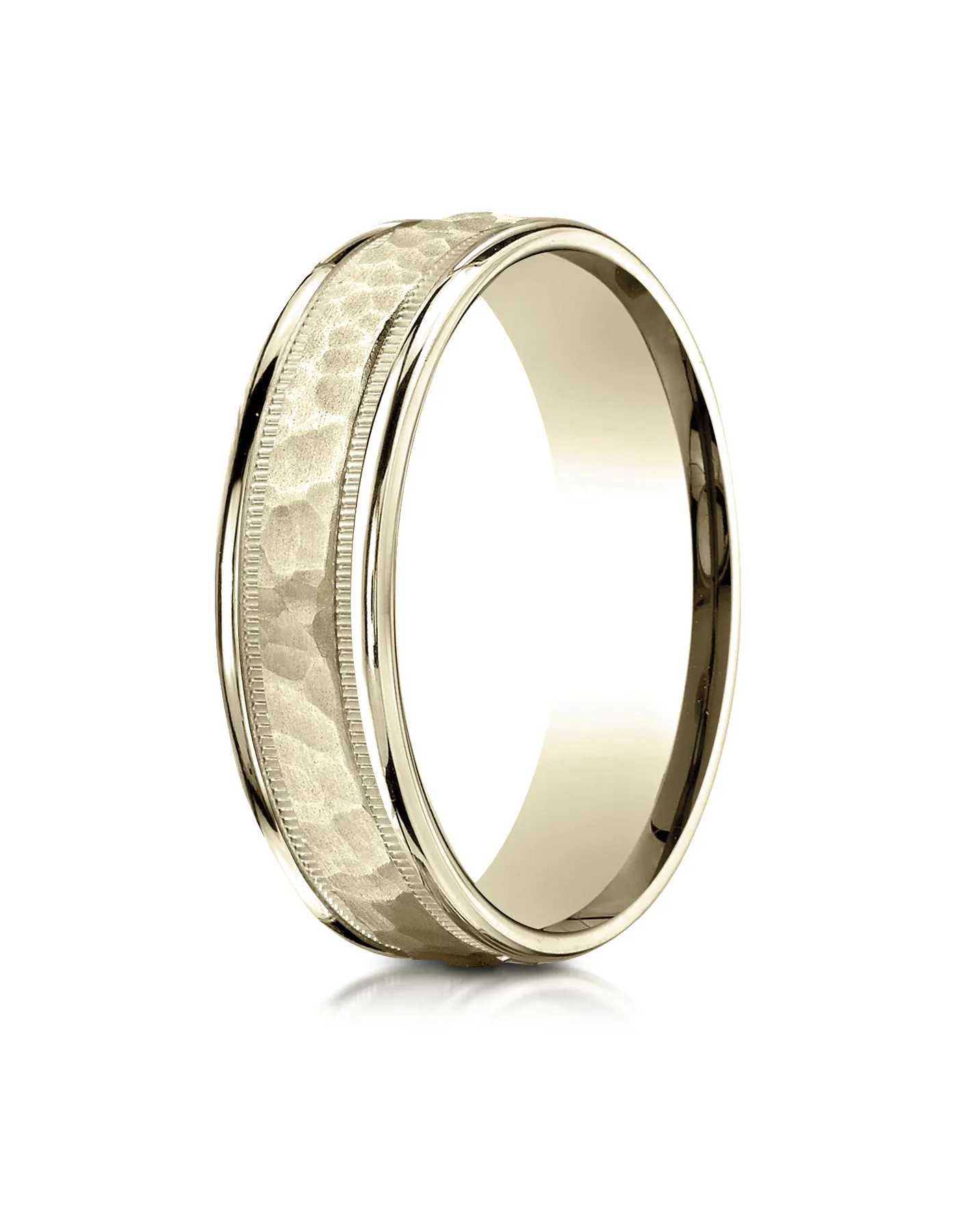 Benchmark 10k Yellow Gold 6mm Comfort-Fit Hammered Center High Polish Round Edge Carved Design Band (6-13)