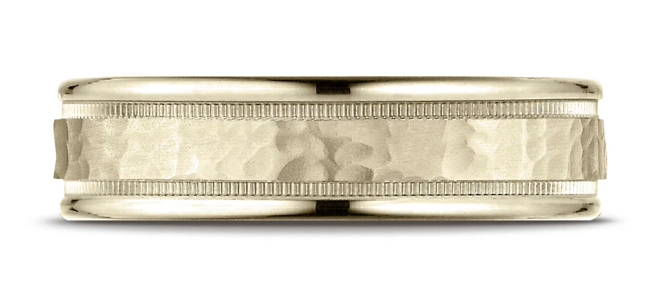 Benchmark 10k Yellow Gold 6mm Comfort-Fit Hammered Center High Polish Round Edge Carved Design Band (6-13)