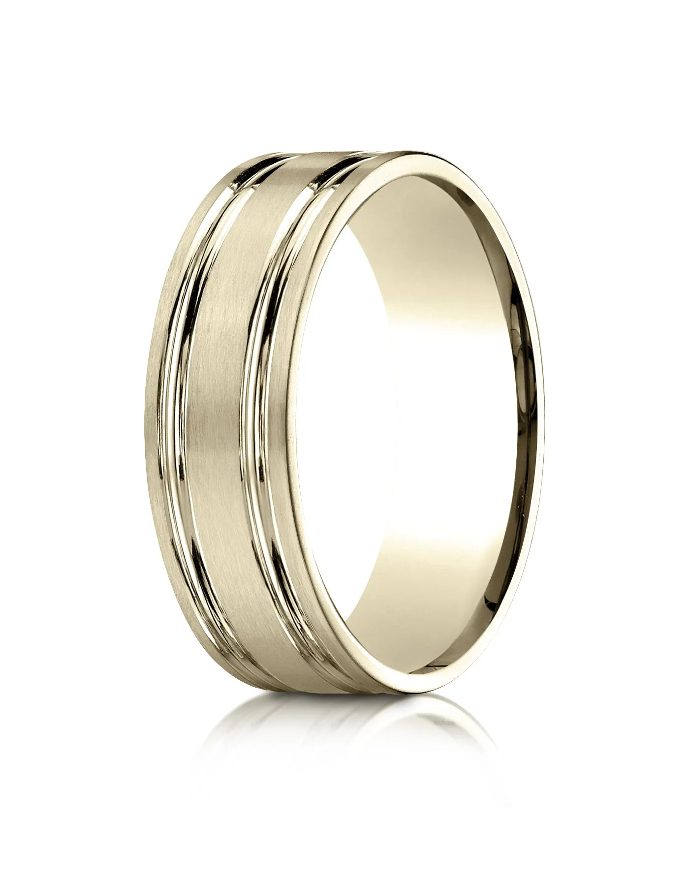 Benchmark 10k Yellow Gold 7mm Comfort-Fit Satin-Finish with Parallel Grooves Carved Design Band, (4-15)