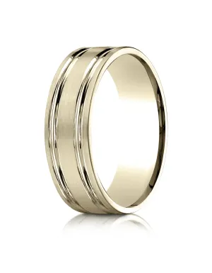Benchmark 10k Yellow Gold 7mm Comfort-Fit Satin-Finish with Parallel Grooves Carved Design Band, (4-15)