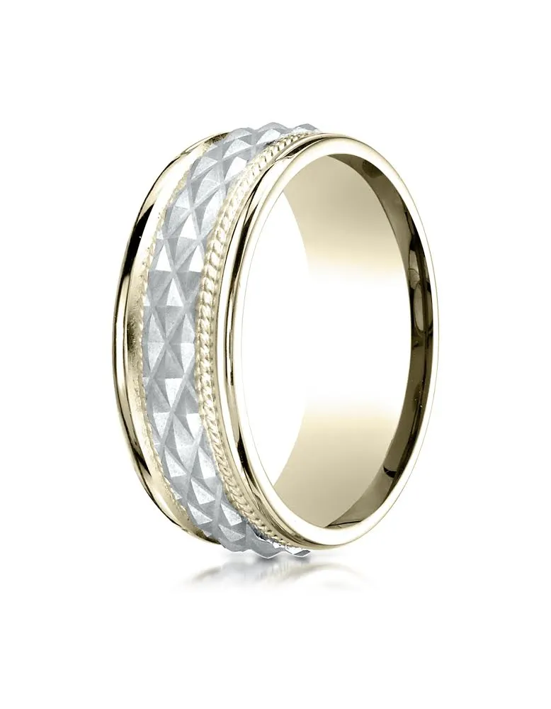 Benchmark 14K Two-Toned Gold 8mm Comfort-Fit Round Edge Cross Hatch Patterned Band, (Sizes 6-13)