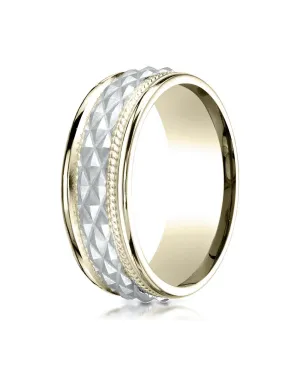 Benchmark 14K Two-Toned Gold 8mm Comfort-Fit Round Edge Cross Hatch Patterned Band, (Sizes 6-13)