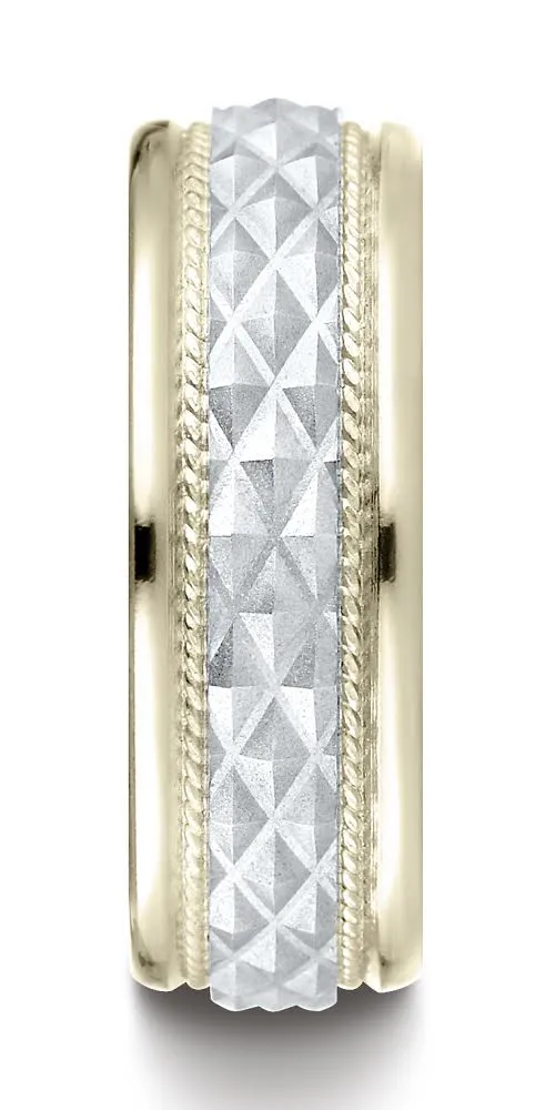 Benchmark 14K Two-Toned Gold 8mm Comfort-Fit Round Edge Cross Hatch Patterned Band, (Sizes 6-13)