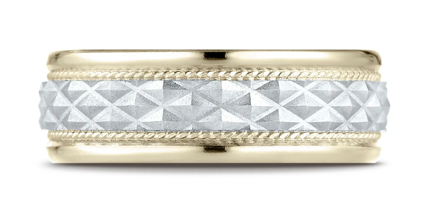 Benchmark 14K Two-Toned Gold 8mm Comfort-Fit Round Edge Cross Hatch Patterned Band, (Sizes 6-13)