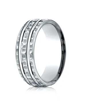 Benchmark 14k White Gold 7.5mm Comfort-Fit Hammered Finish Double High Polish Cut Design Band, (4-14)