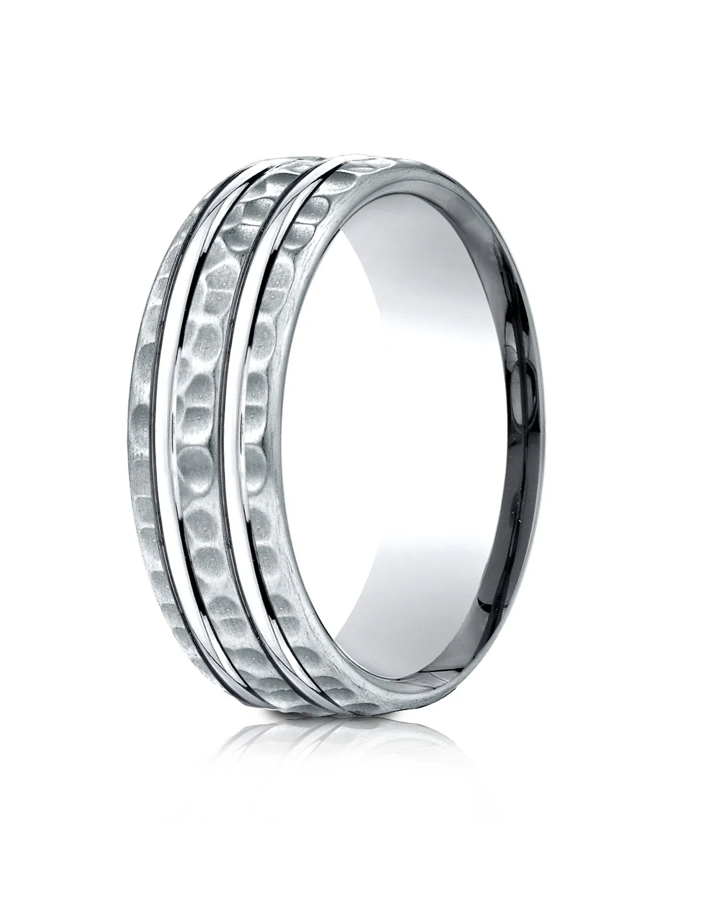 Benchmark 14k White Gold 7.5mm Comfort-Fit Hammered Finish Double High Polish Cut Design Band, (4-14)