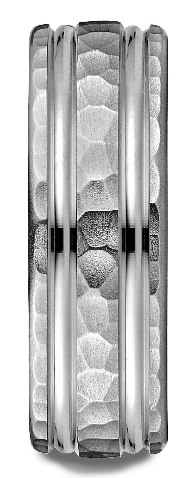 Benchmark 14k White Gold 7.5mm Comfort-Fit Hammered Finish Double High Polish Cut Design Band, (4-14)