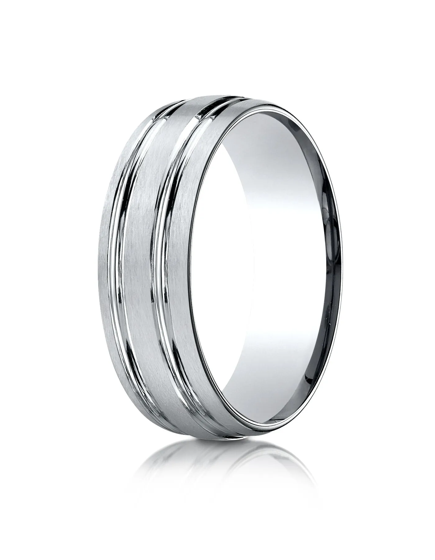 Benchmark 14k White Gold 7mm Comfort-Fit Satin-Finished w/ Parallel Grooves Carved Design Band (Sizes 4-15)