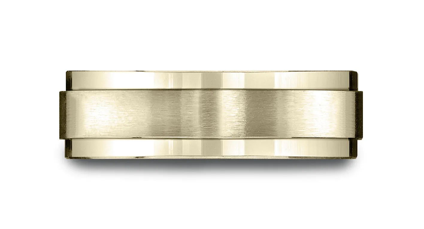 Benchmark 14k Yellow Gold 7mm Comfort-Fit Satin-Finished w/ High Polish Drop Edge Carved Design Band