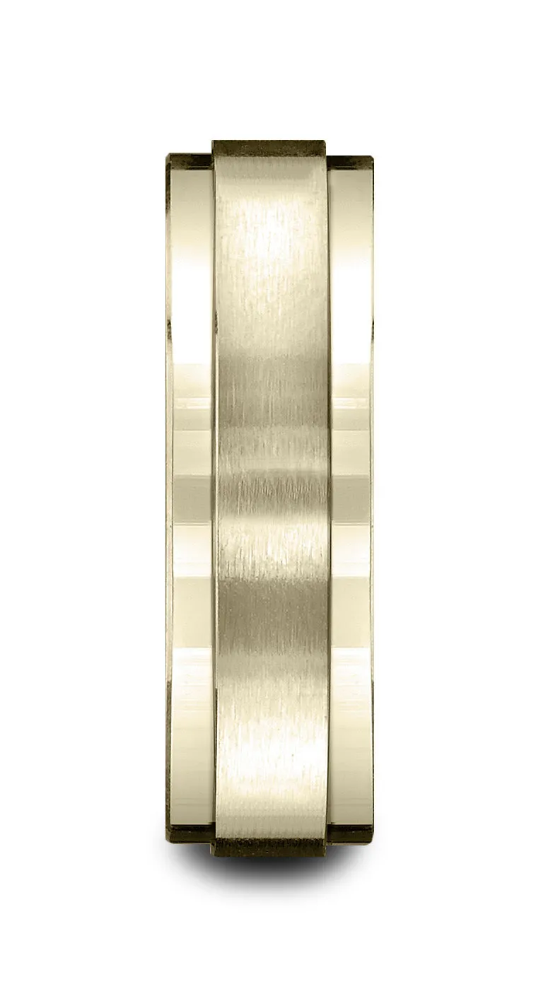 Benchmark 14k Yellow Gold 7mm Comfort-Fit Satin-Finished w/ High Polish Drop Edge Carved Design Band