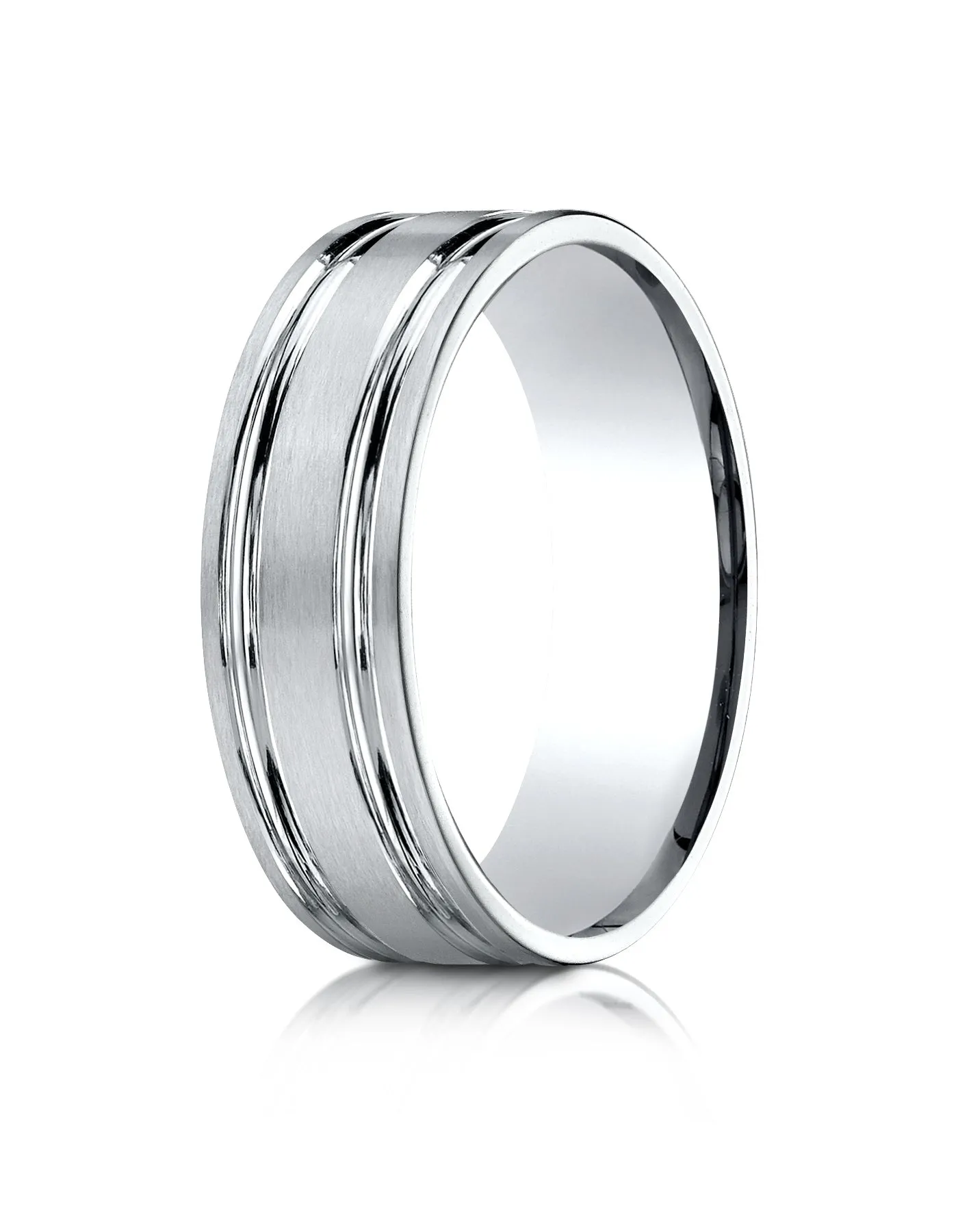 Benchmark 18k White Gold 7mm Comfort-Fit Satin-Finished w/ Parallel Grooves Carved Design Band (Sizes 4-15)