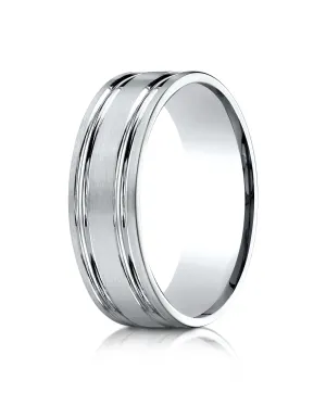 Benchmark 18k White Gold 7mm Comfort-Fit Satin-Finished w/ Parallel Grooves Carved Design Band (Sizes 4-15)