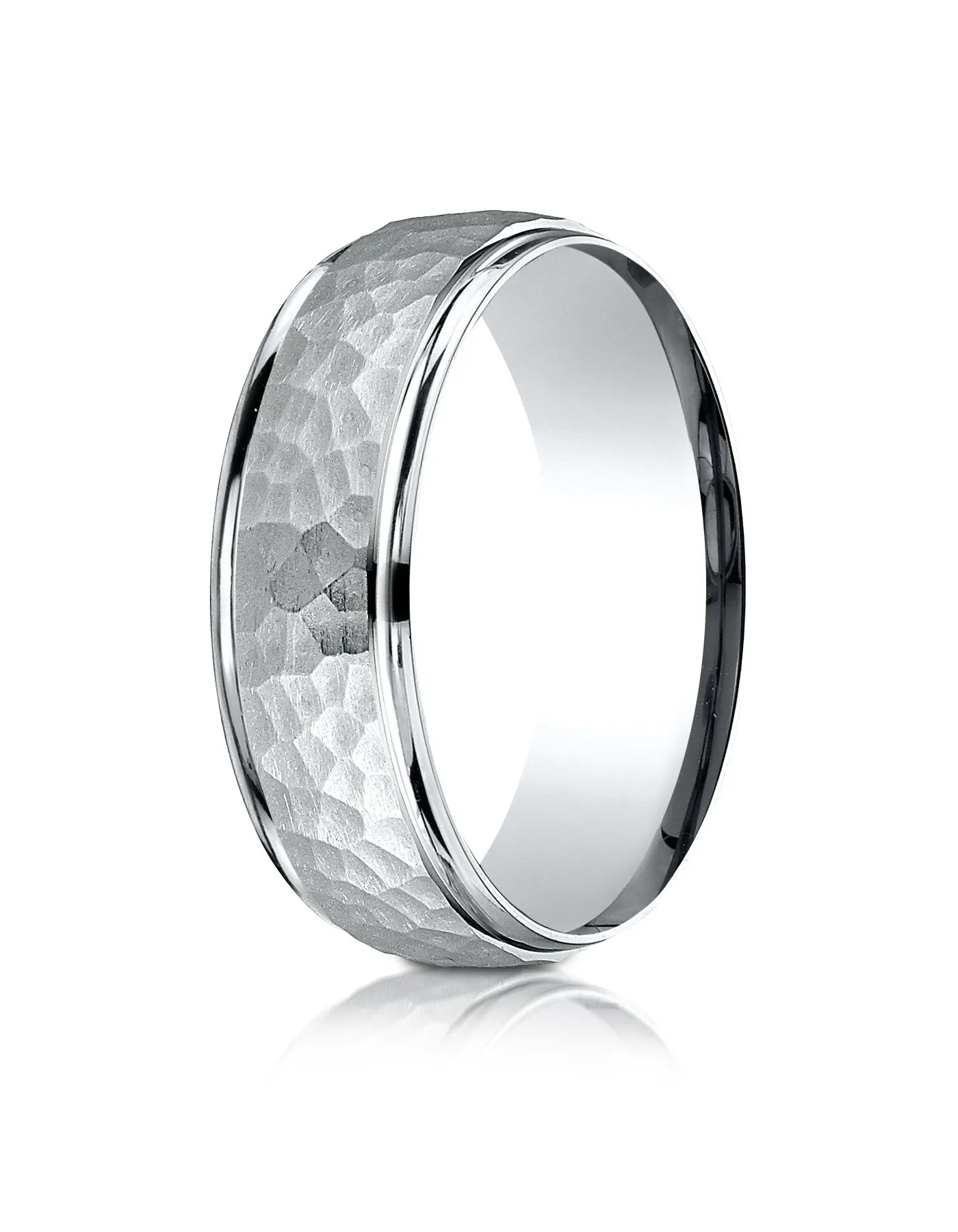 Benchmark 18k White Gold Comfort-Fit 7mm High Polish Edge Hammered Center Design Band, (Sizes 6-13)