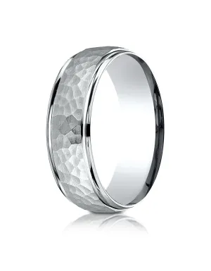 Benchmark 18k White Gold Comfort-Fit 7mm High Polish Edge Hammered Center Design Band, (Sizes 6-13)